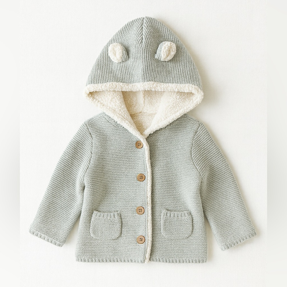 Carter’s Baby Boy Girl Sherpa Lined Knit Hoodie Jacket 18M – Blue Button Up Coat